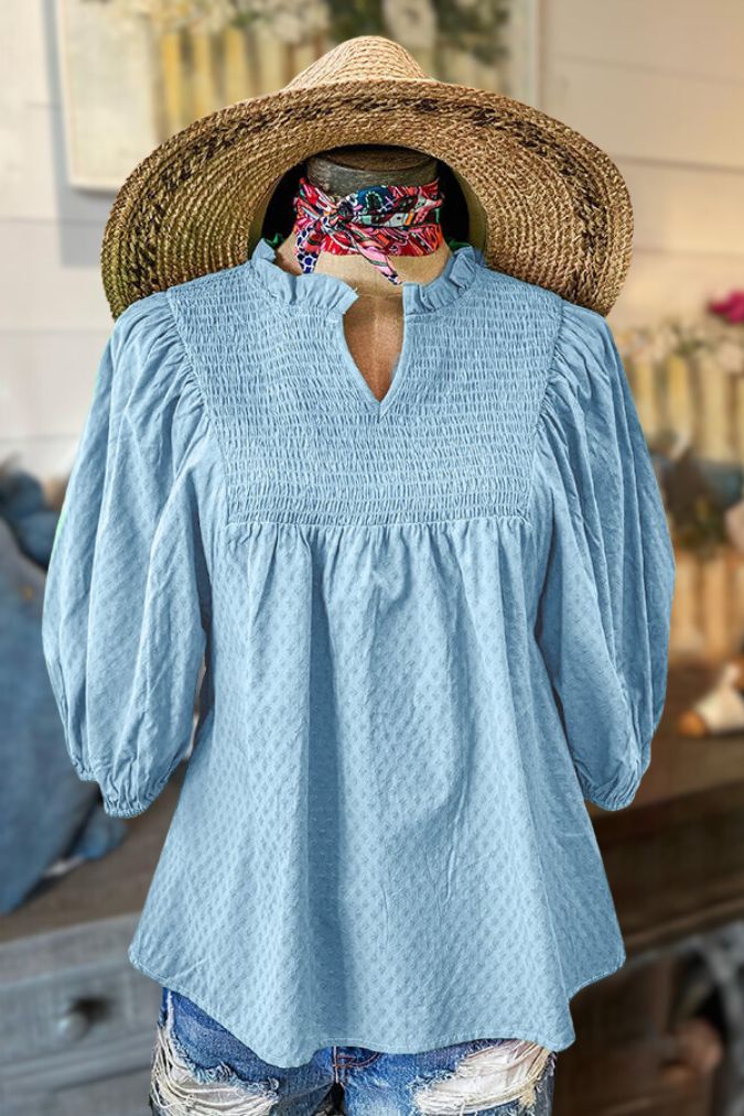 Cotton Ruffle Smocked V-Neck Blouse