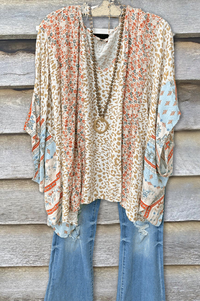 Floral Colorblock Batwing Sleeves Tee