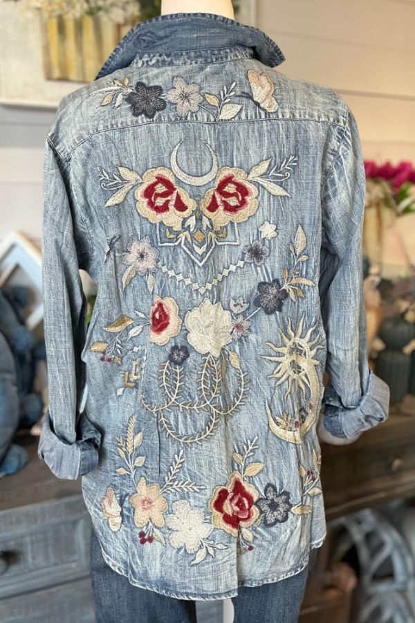 Floral Embroidery Denim Washed Shirt