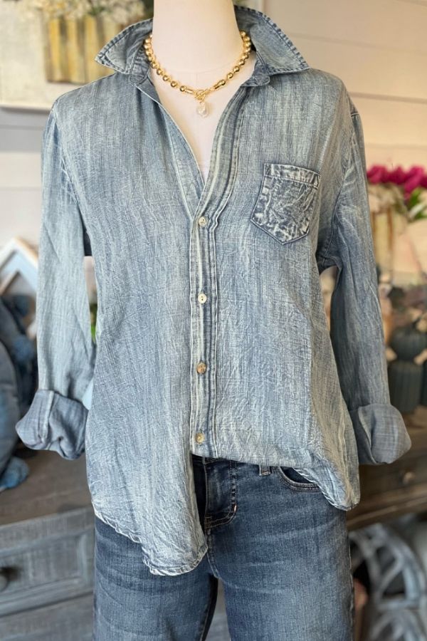 Floral Embroidery Denim Washed Shirt