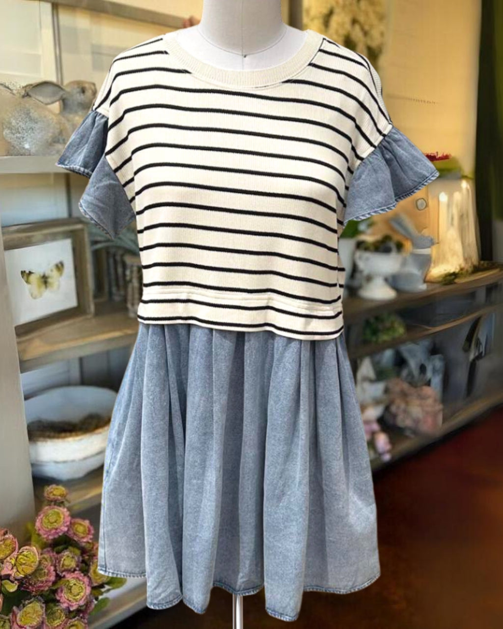 Striped Denim Flowy Mini Dress