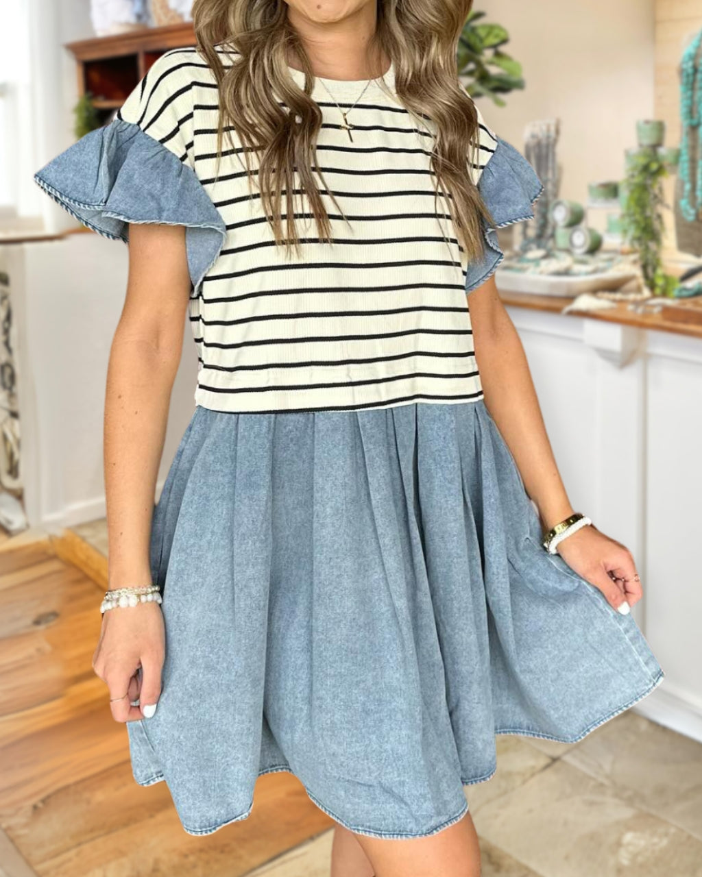 Striped Denim Flowy Mini Dress