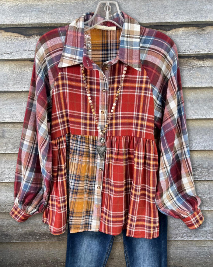 Red Patchwork Plaid Babydoll Shirt