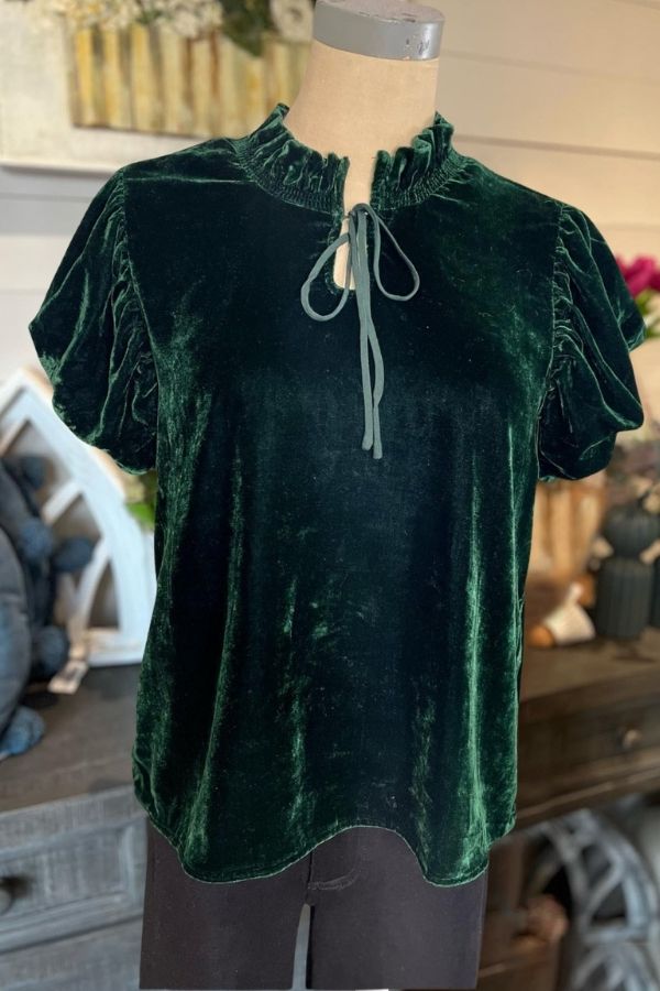 Ruffled Velvet Top-Green
