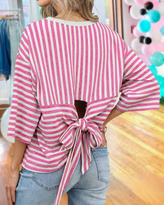 Bow-tie Ribbon Detail Striped Top