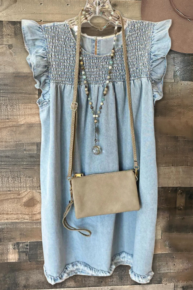 Smocked Washed Raw Edge Denim Dress