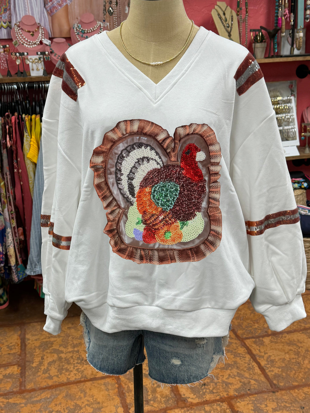 Sequin Turkey Ruffle Pullover