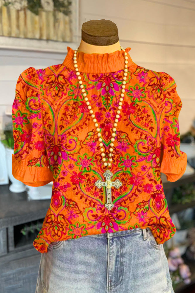 Vintage Floral Puff Sleeve Ruffle Top