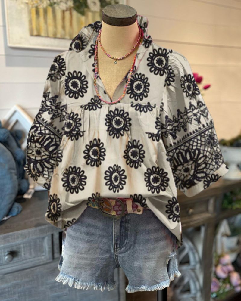 Vintage Graphic Print V-Neck Top