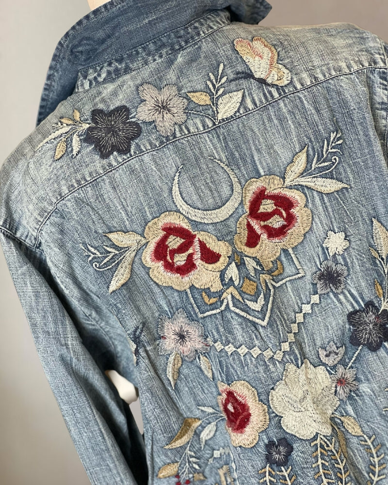 Floral Embroidery Denim Washed Shirt
