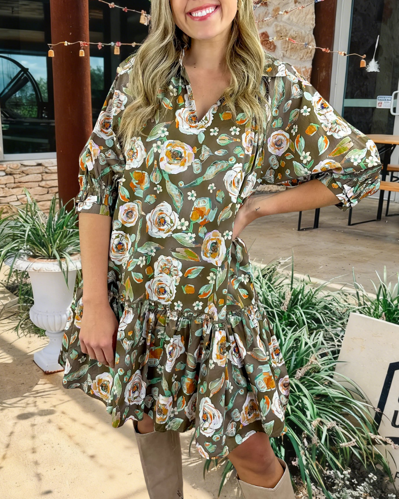 Retro Floral Ruffled V-Neck Mini Dress