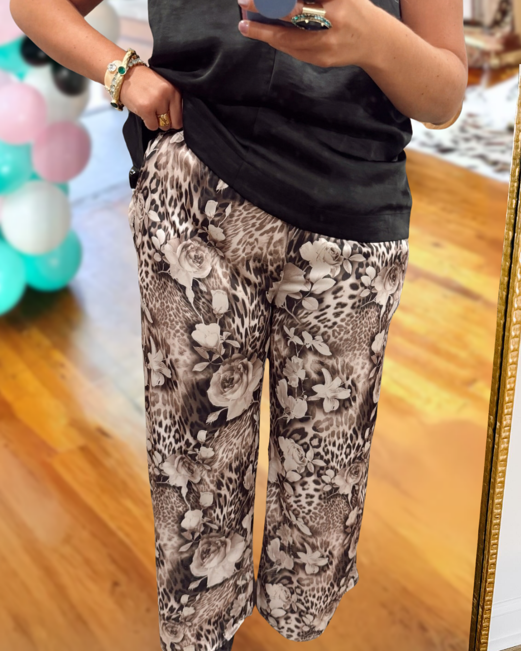 Mixed Design Leopard Print Floral Pants