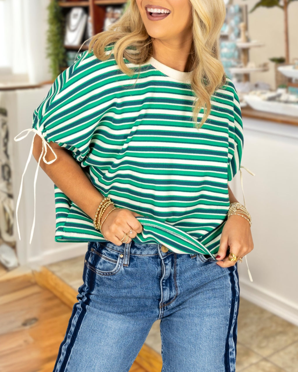 Striped Drawstring Crewneck Top