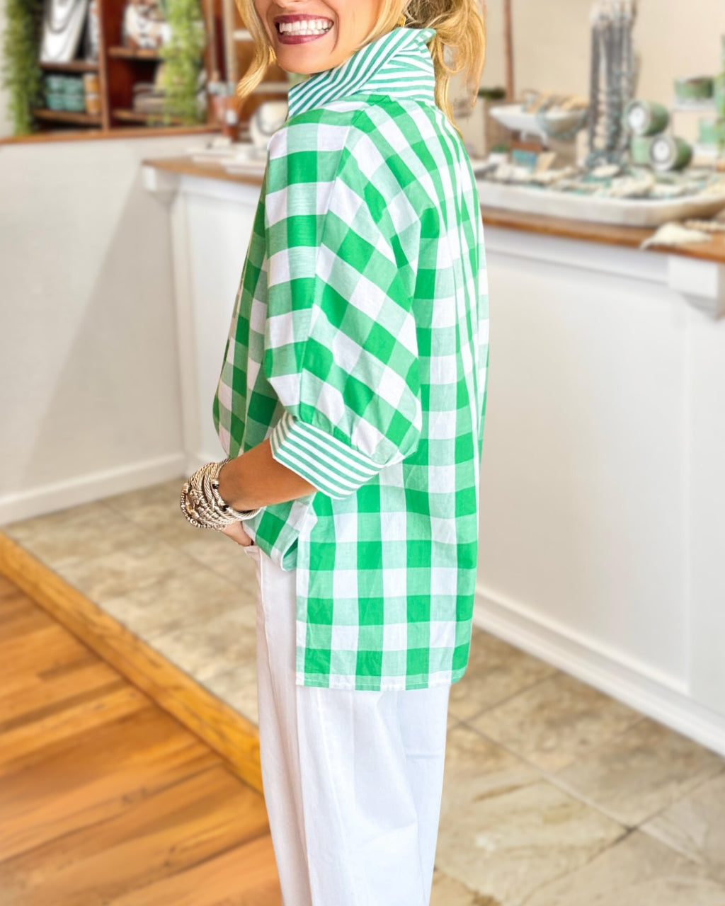 Striped-trimmed V-neck Plaid Top