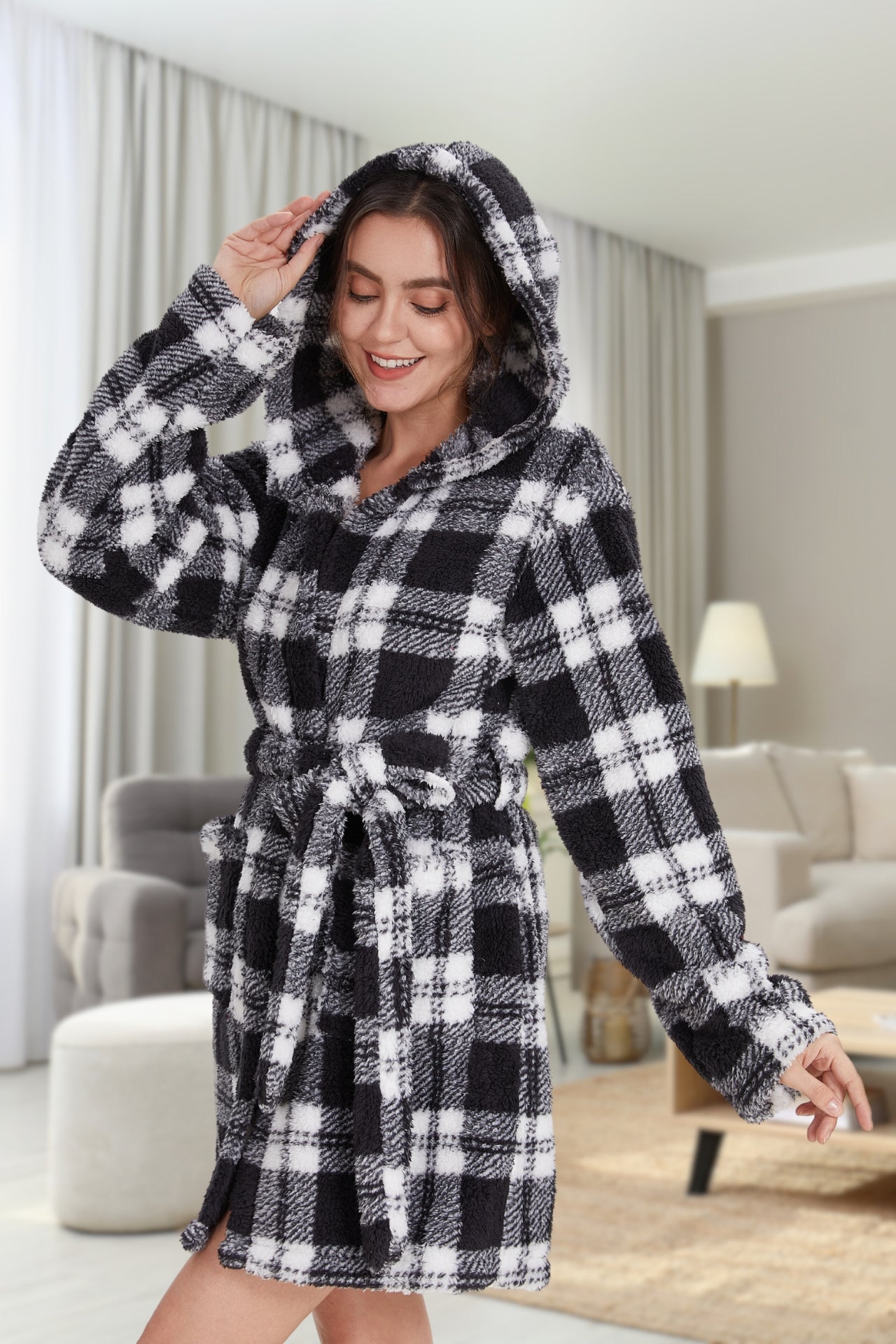 Plush Hooded Robe Plaid