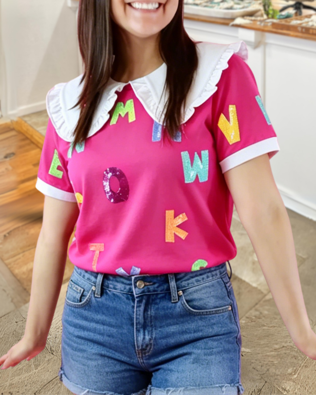 Letter Sequined Large Lapel Top