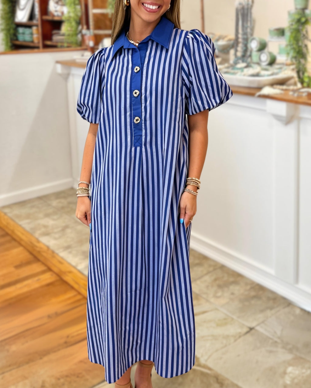 Stylish Puff Sleeves Striped Maxi Dress