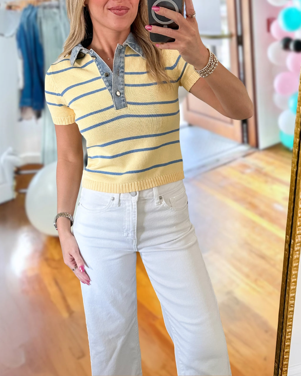 Denim Patchwork Collar Striped Top