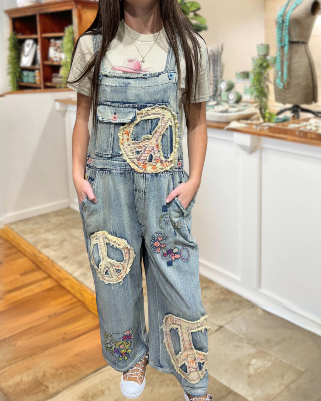 Peace Symbol Embroidered Denim Overalls