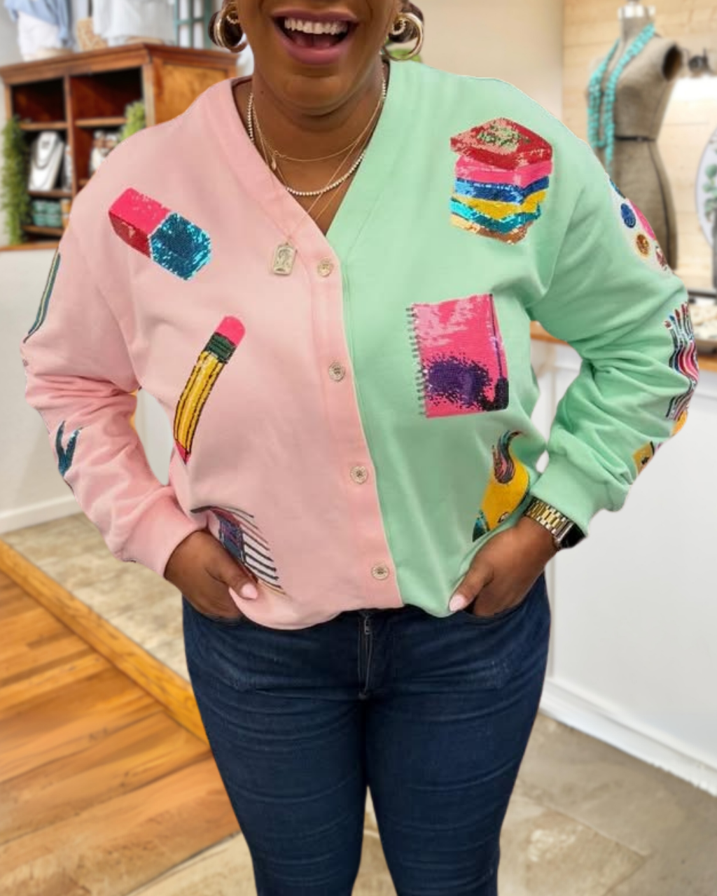 School Supplies Sequin Color-block Cardigan