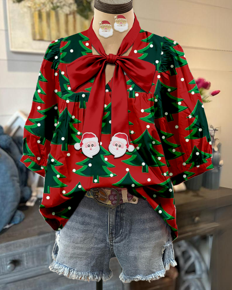 Christmas Tree Bow Satin Top
