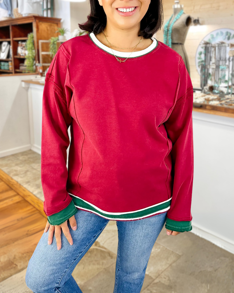 Simple Contrast Trim Crewneck Top