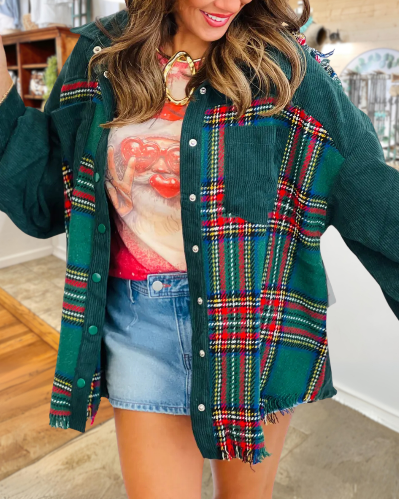 Christmas Themed Plaid Corduroy Jacket