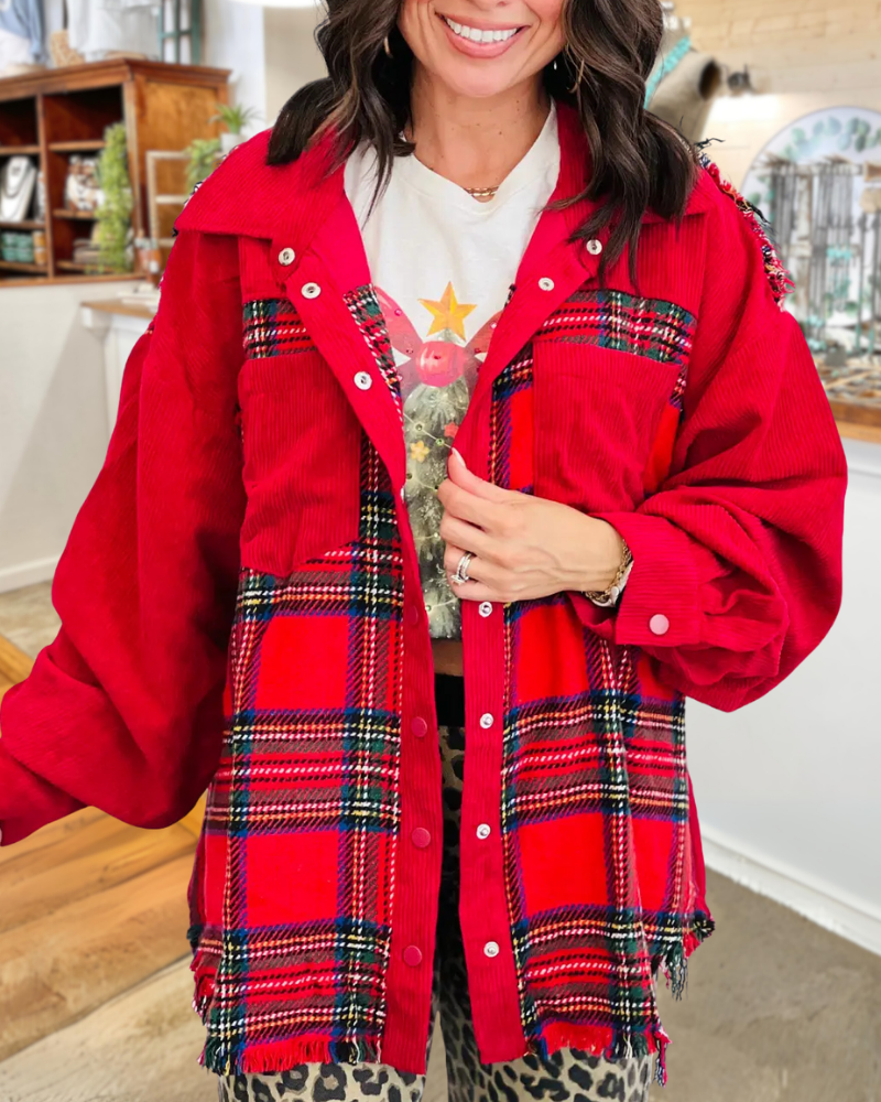 Christmas Themed Plaid Corduroy Jacket