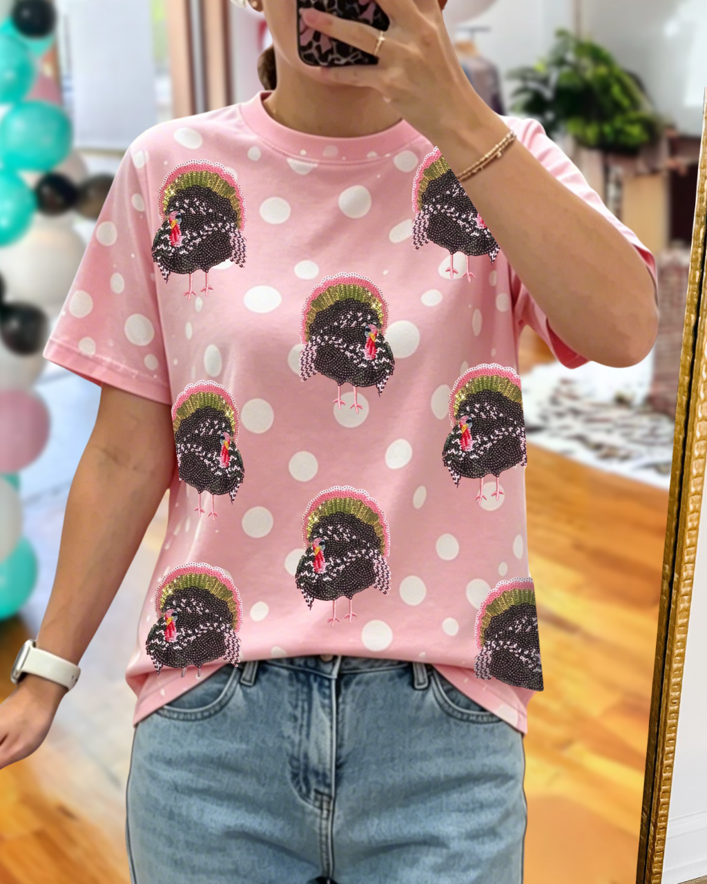Polka Dot Sequined Turkey Print T-shirt