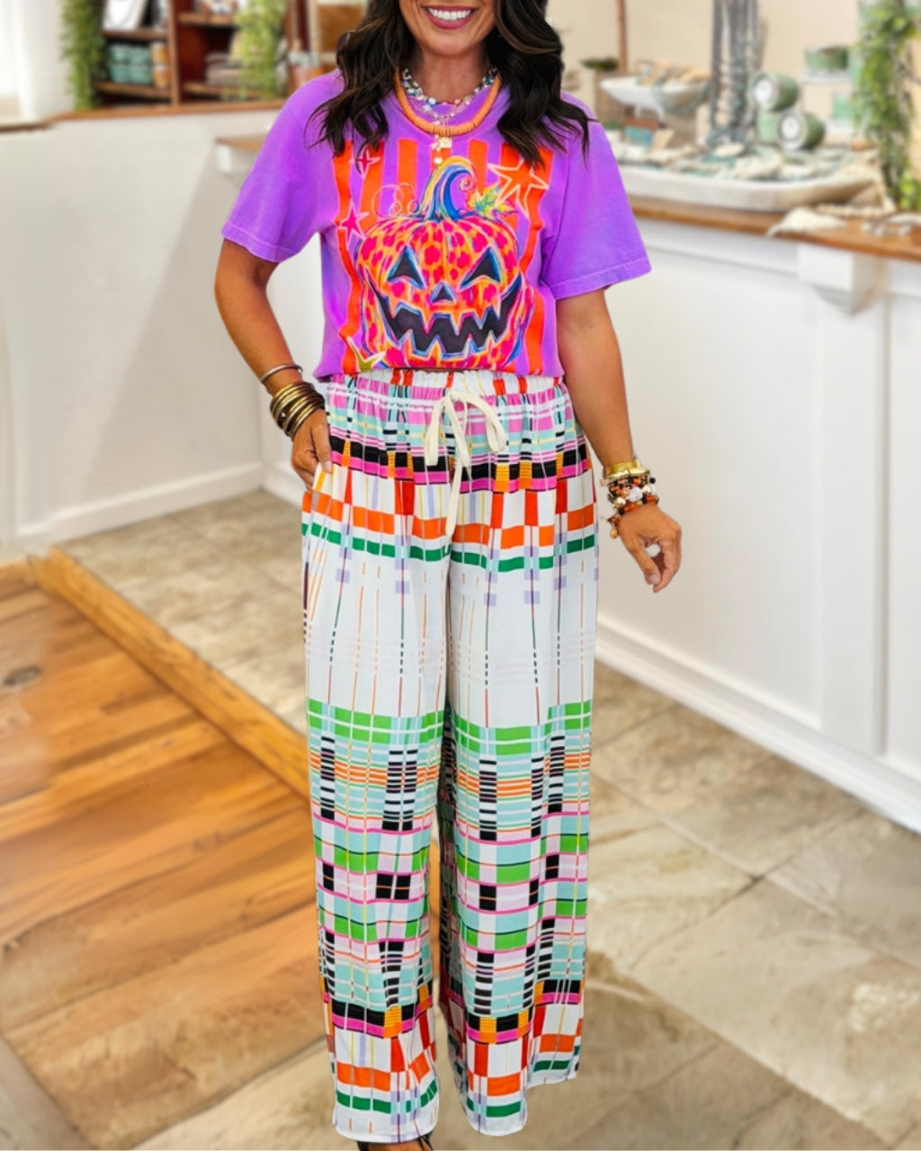 Colorful Plaid Drawstring Pants