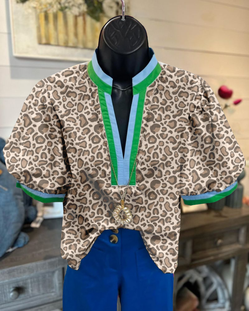 Stylish Leopard Stripe Trim V-Neck Top