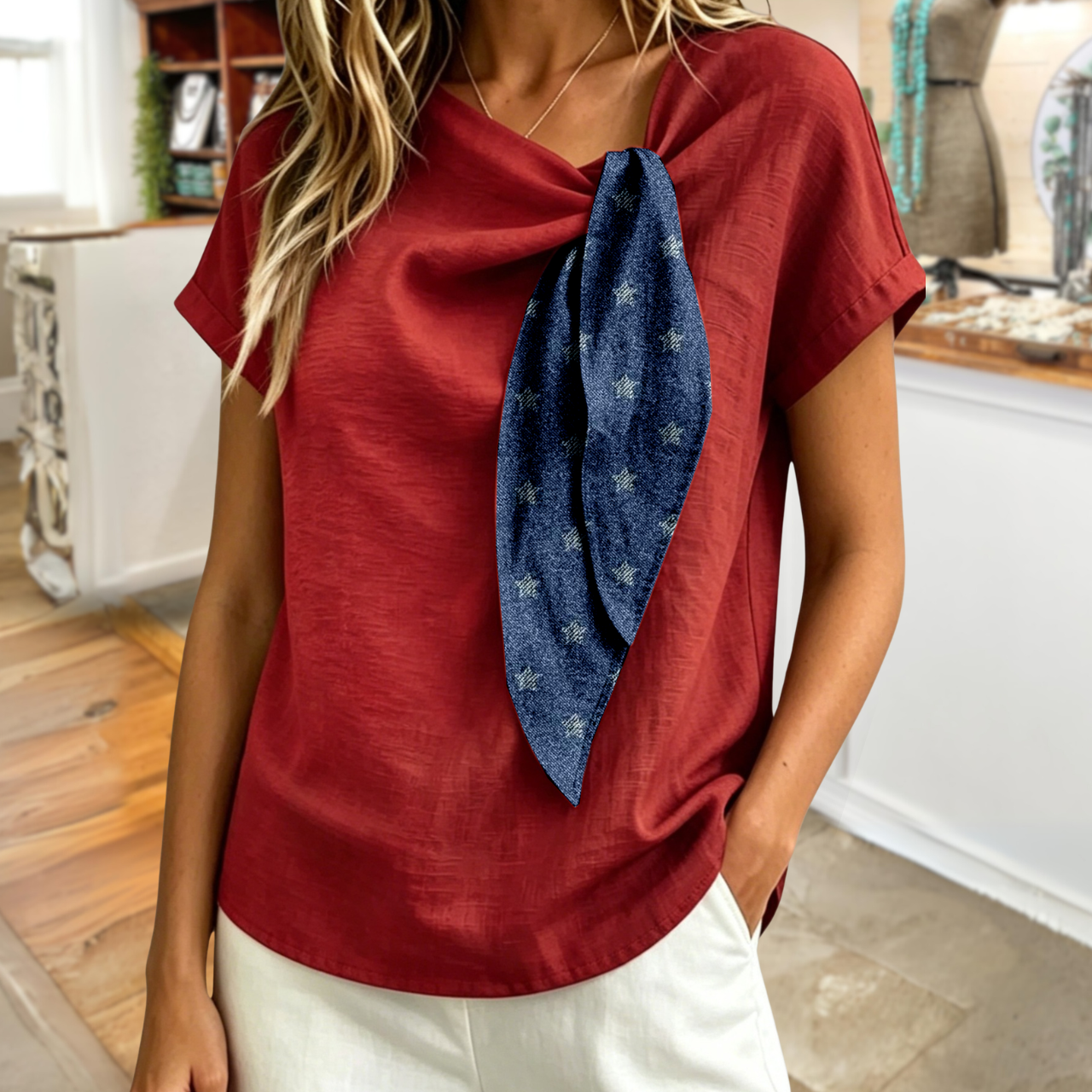 Star-Pattern Ribbon Linen Top