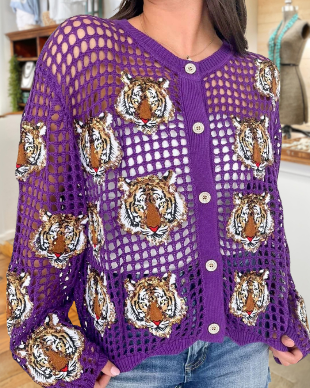 Game Day Tiger-Head Crochet Sequin Top