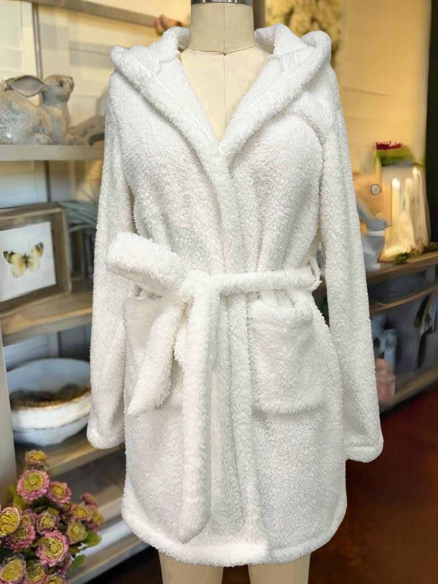 Plush Hooded Lounge Robe White