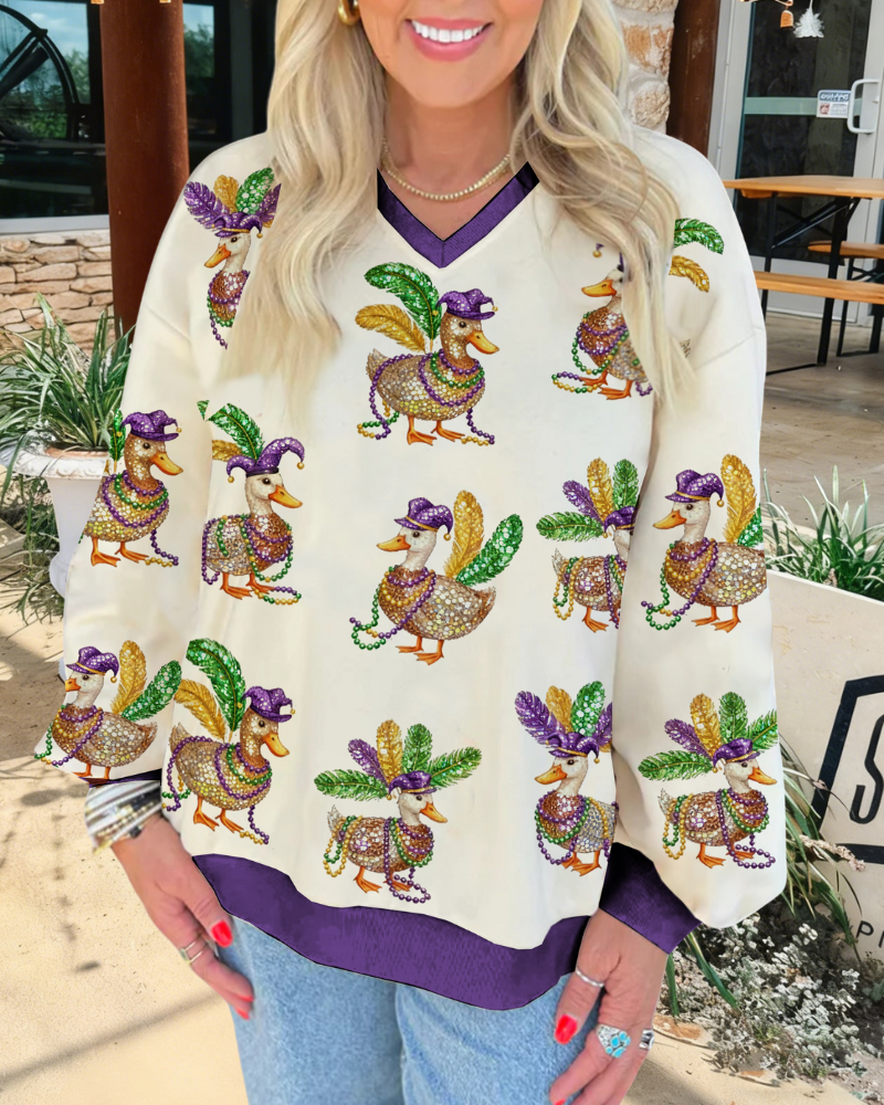 Carnival Duck Print V-Neck Sweatshirt