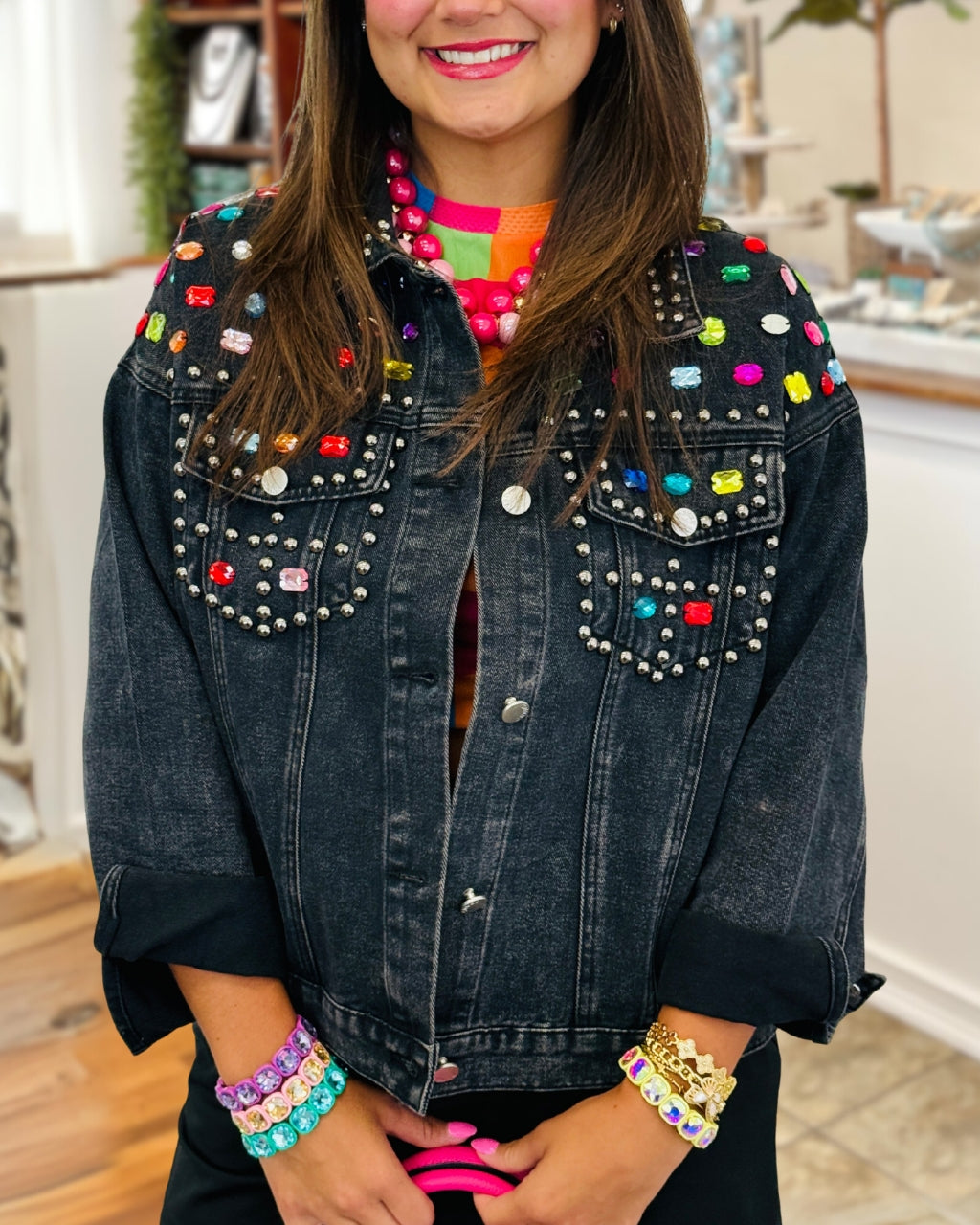 Colorful Rhinestone Studded Denim Jacket