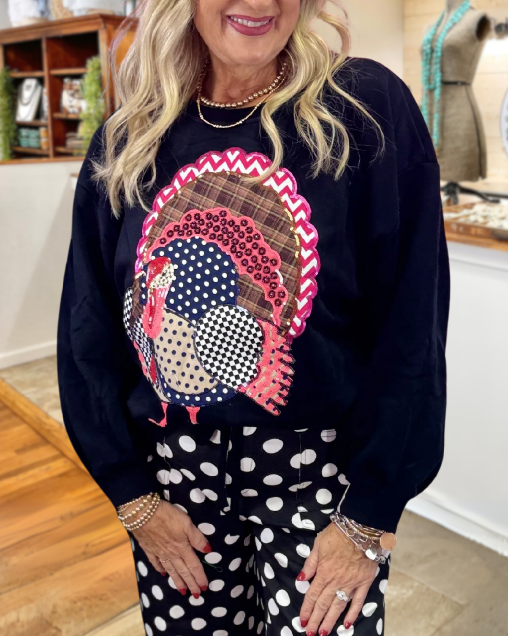 Colorful Patchwork Embroidered Turkey Pullover