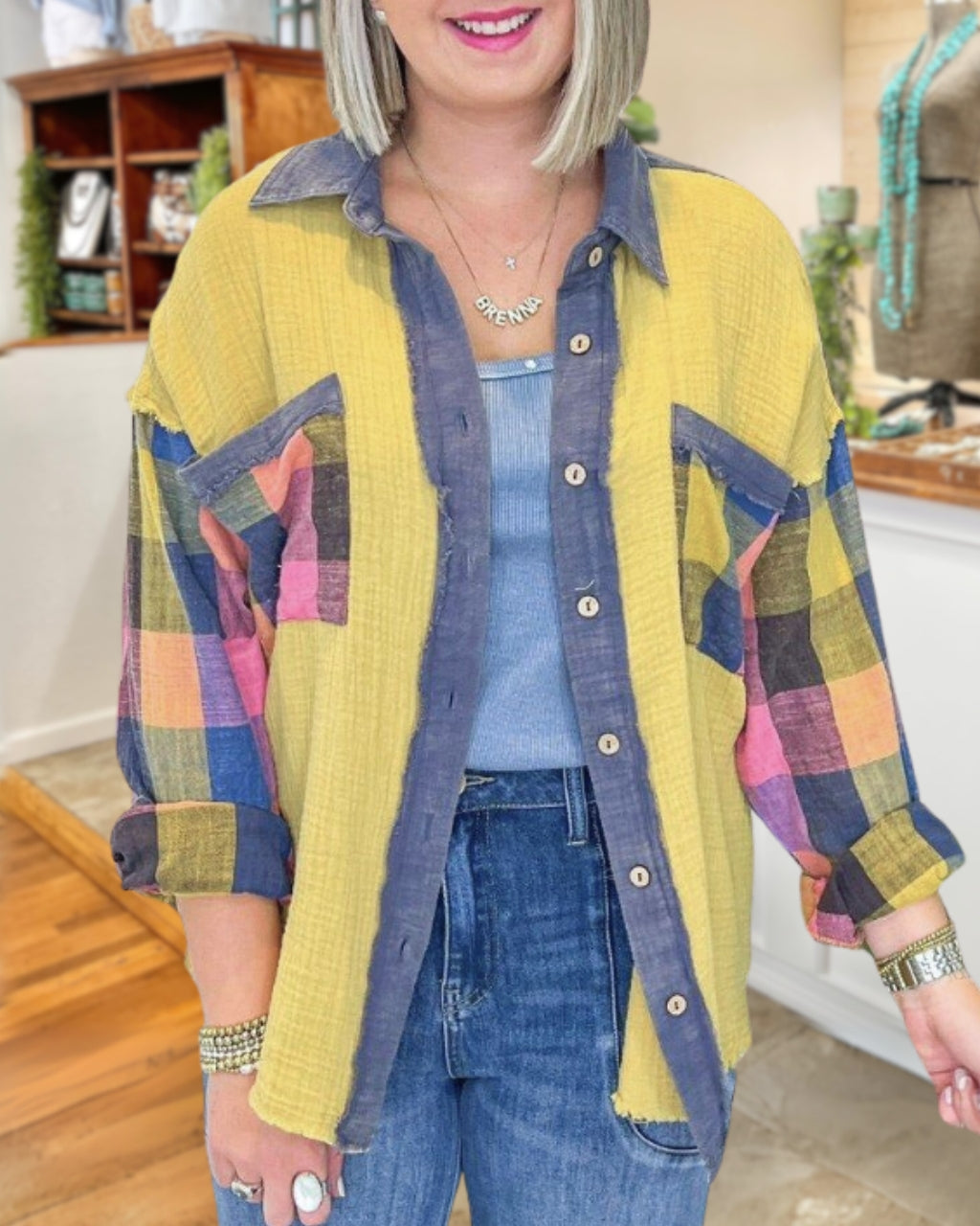 Plaid Patch Colorblock Shirt