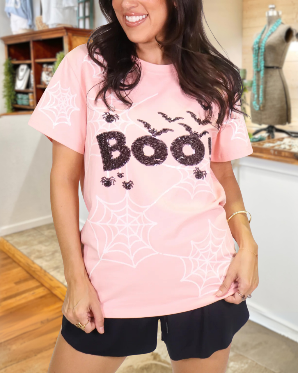 BOO Sequined Spider Web Print Tee