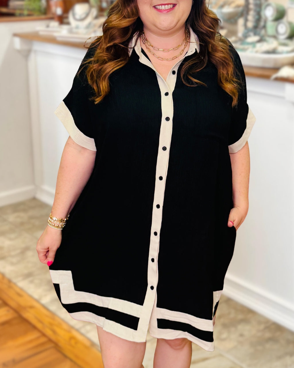 Breezy Color-Blocked Trim Shirt Dress