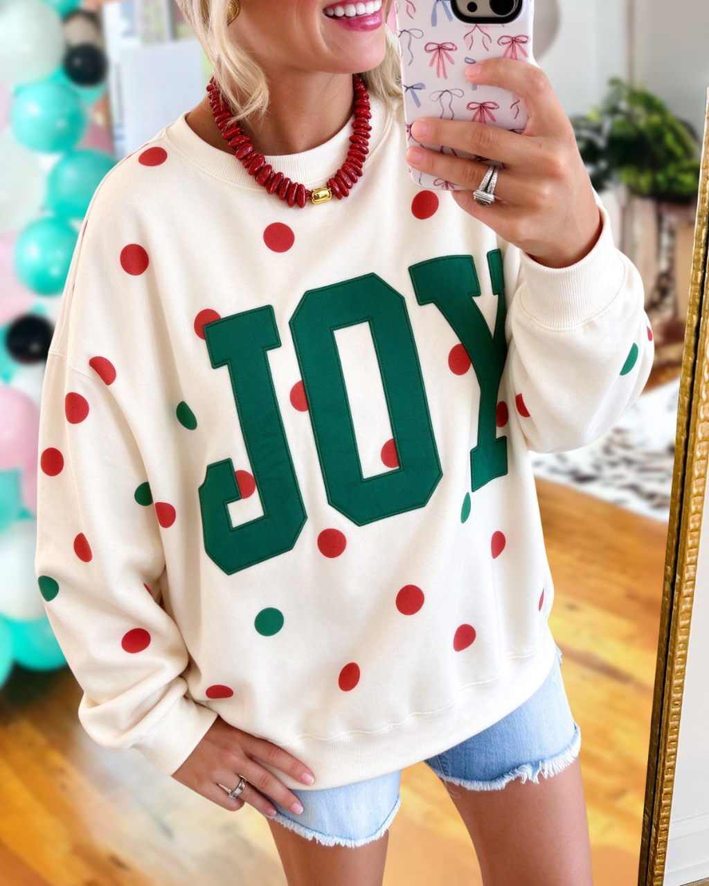 JOY Embroidered Polka-Dot Pullover