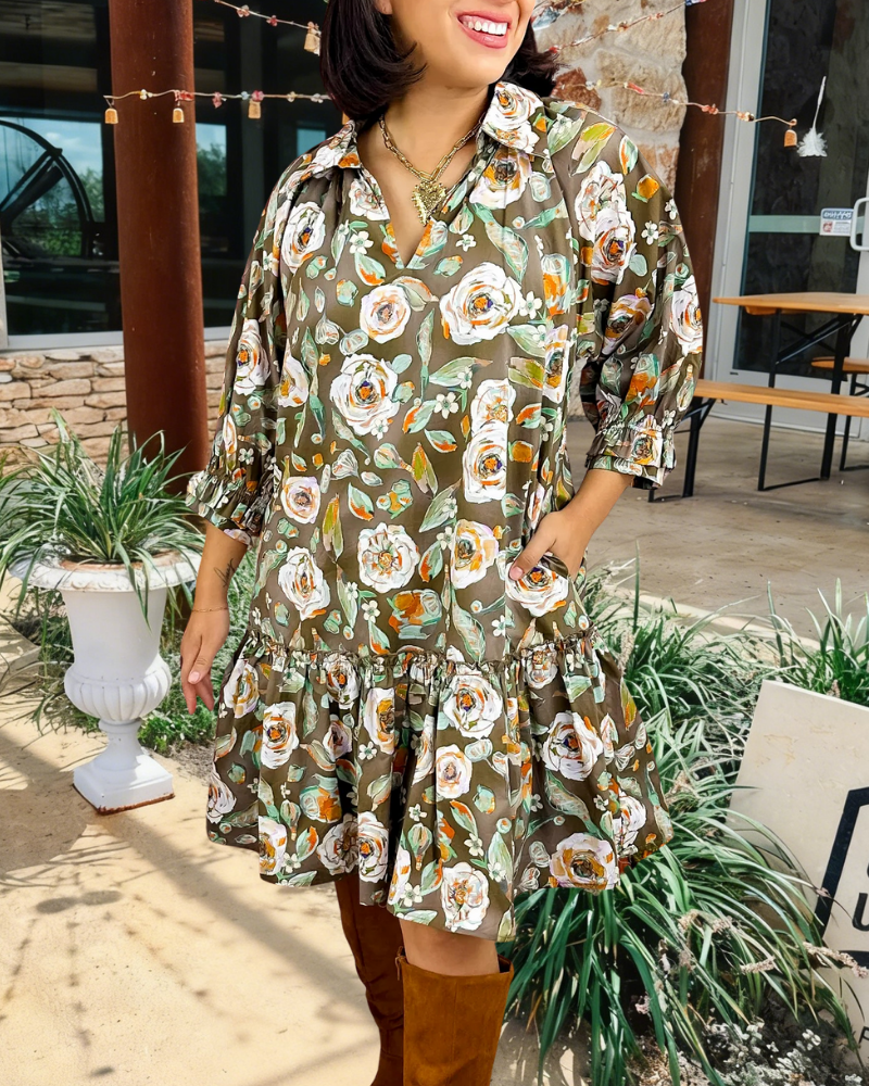 Retro Floral Ruffled V-Neck Mini Dress