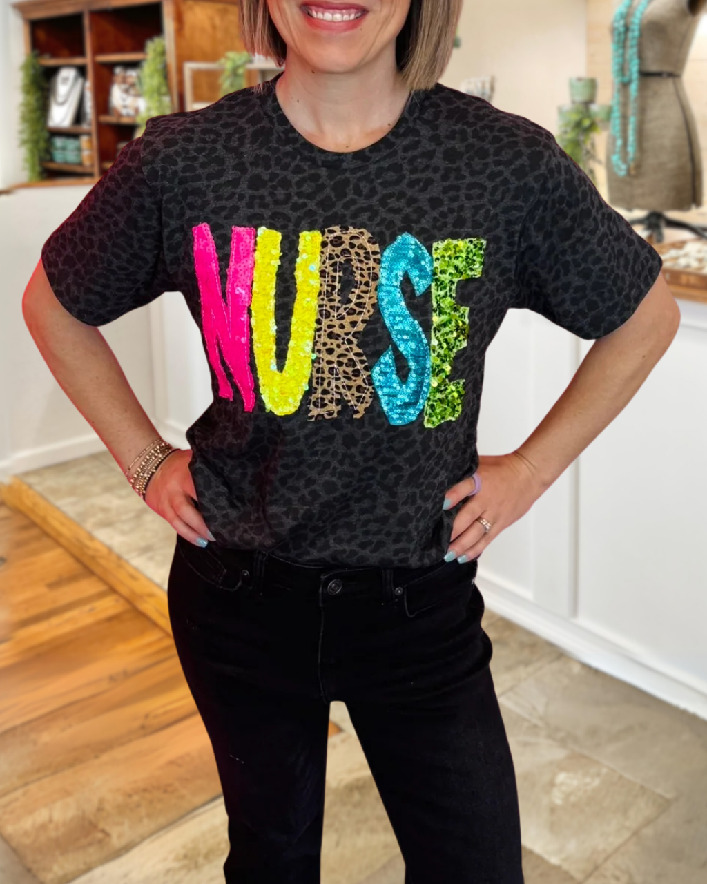 NURSE Sequin-Embroidered Leopard Tee