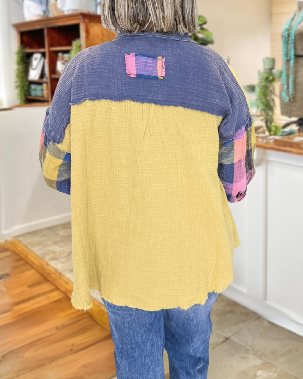 Plaid Patch Colorblock Shirt