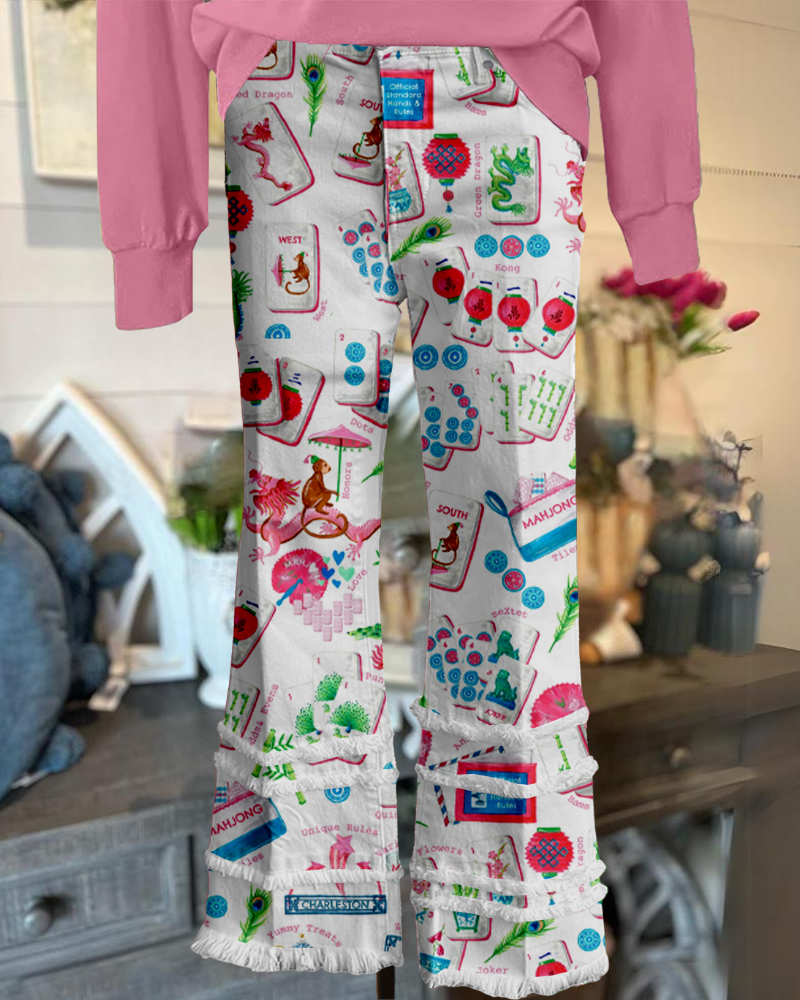 Chic Mahjong Pattern Pants