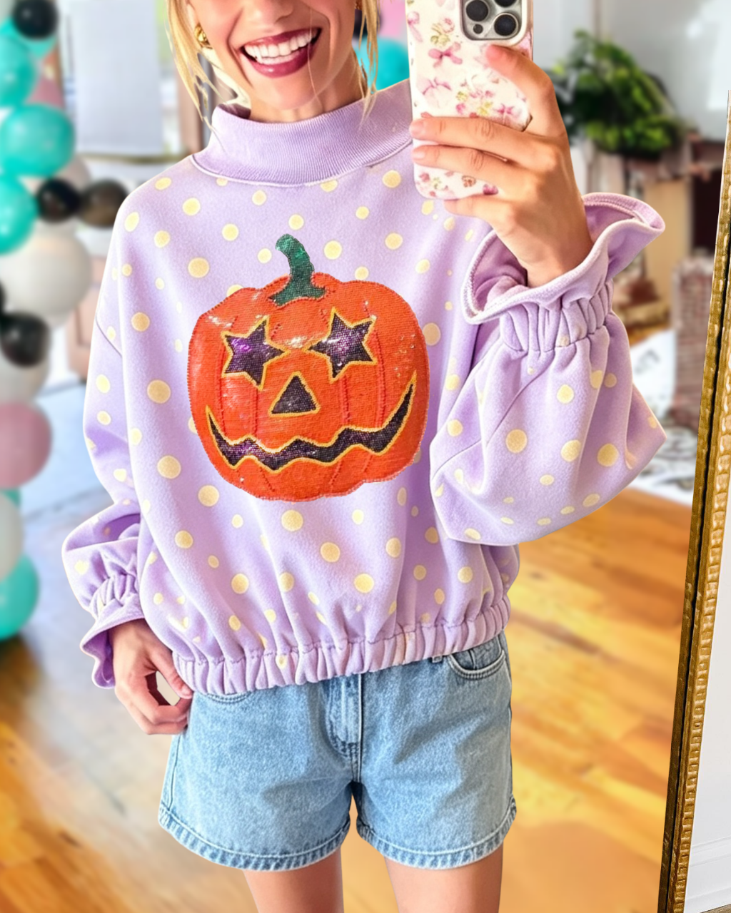 Polka Dot Sequined Star Pumpkin Pullover