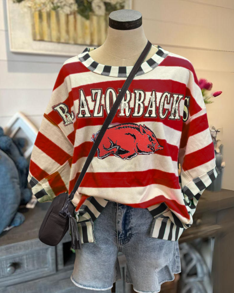RAZORBACKS Embroidered Contrast Stripe Top