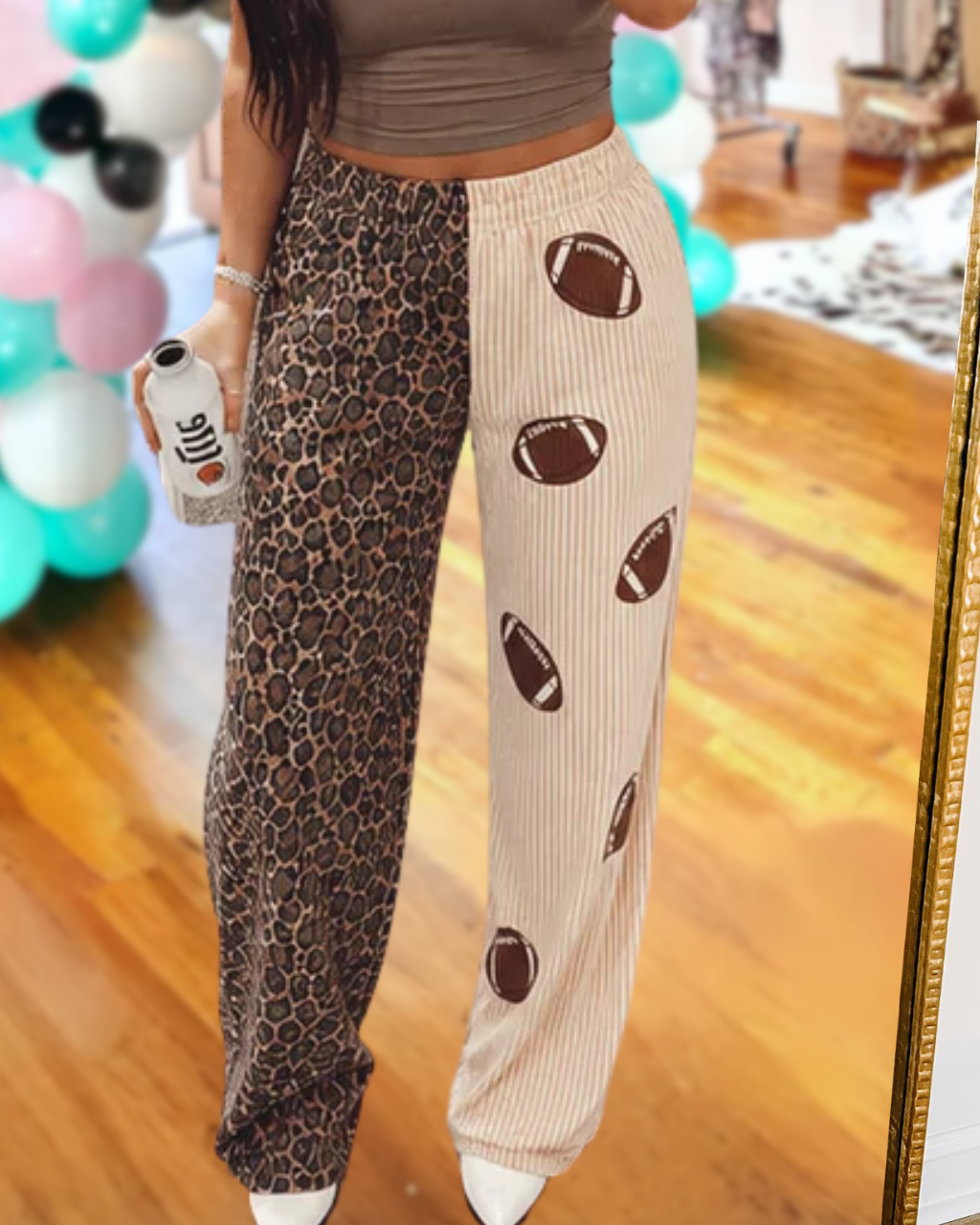 Leopard Print Football Pinstripe Patchwork Pants