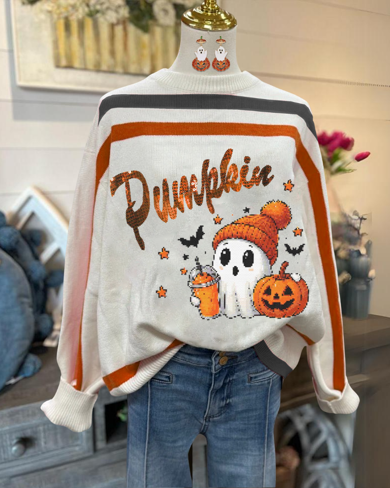 Halloween Pumpkin Ghost Graphic Sweater