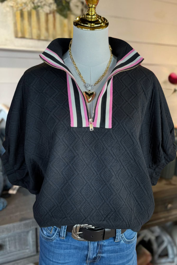 Stripe Trim Quilted Half-Zip Pullover